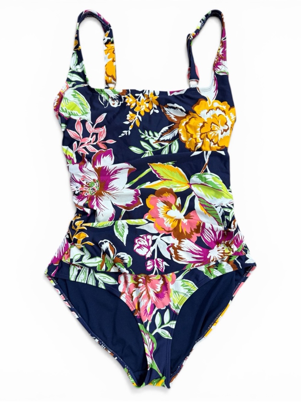 ANNE COLE Navy Hawaiian Floral Print One Piece Ruched Waist Swimsuit‎ Size 12